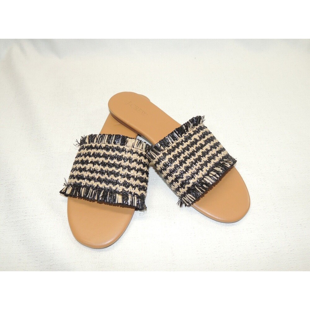 J.Crew Slide Sandals Women 8.5 Black Tan Raffia Woven Fringe Boho Coastal Summer